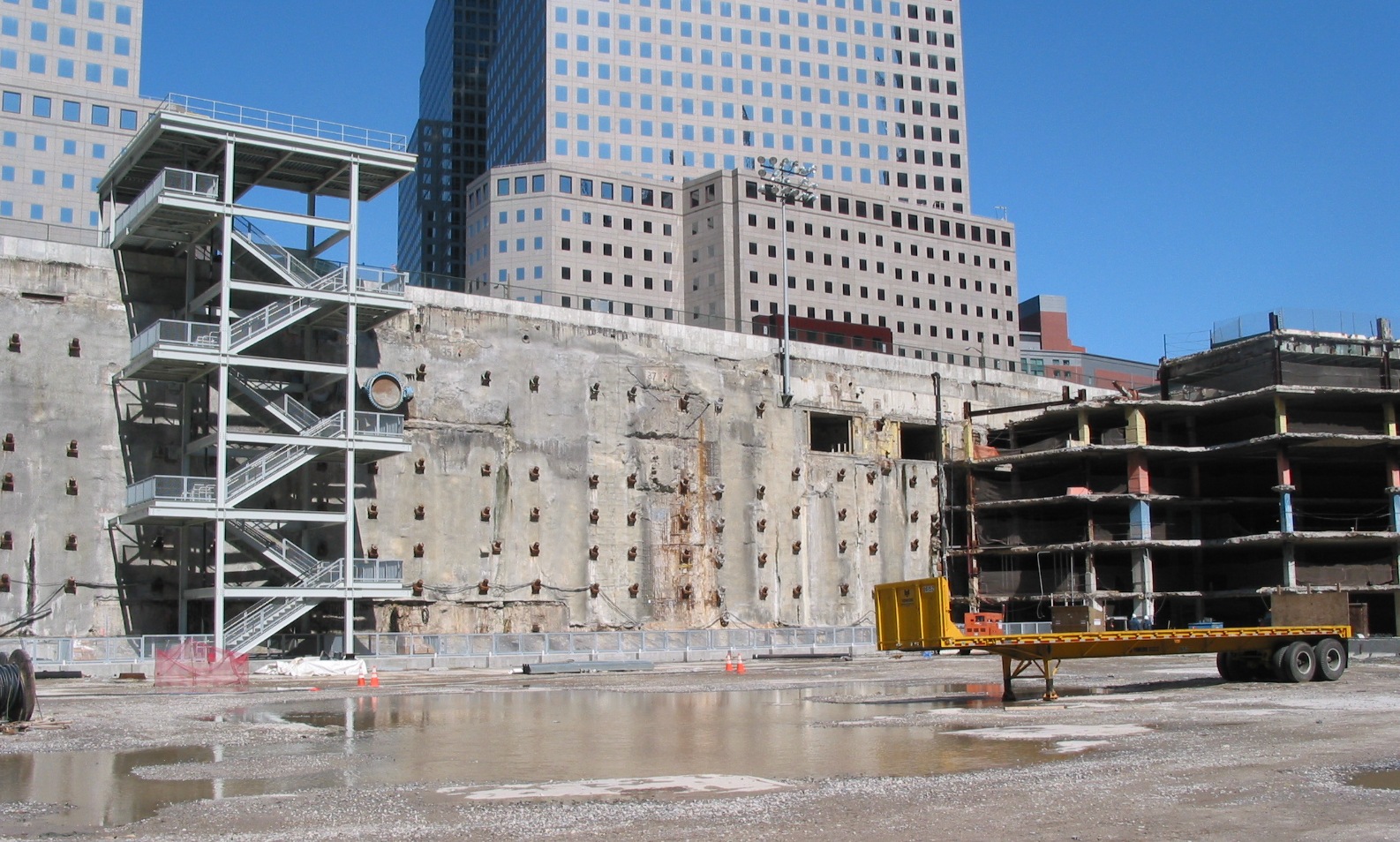 View looking west from center of WTC 1 footprint showing the slurry wall bathtub with no significant structural damage despite the tower collapse